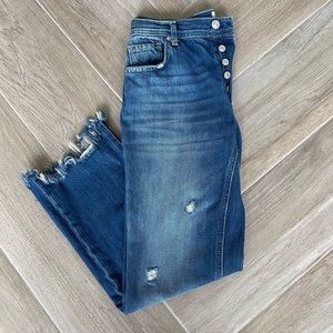 We The Free Distressed Frayed Hem Straight Leg Button fly crop jeans